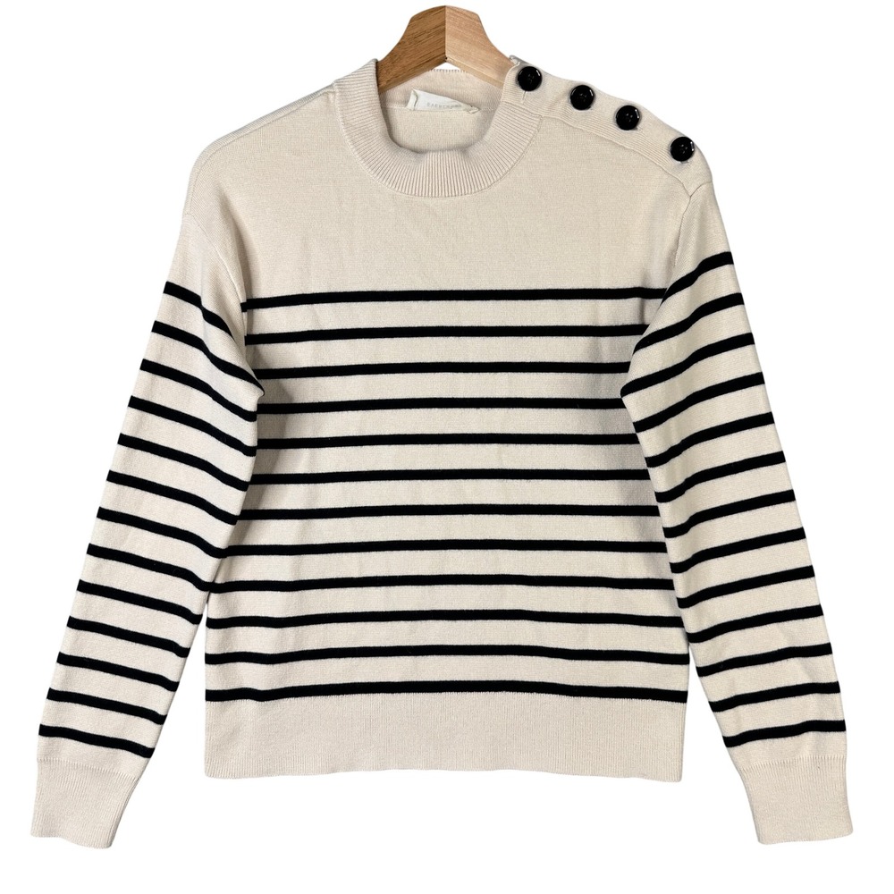 Everlane The Cotton-Wool Breton Sweater Cream Black Striped Button Shoulder S